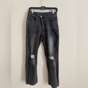 Stylish Black Distressed Jeans trending front zip of center
